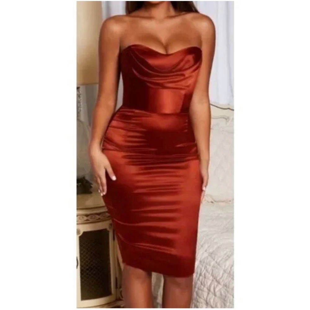 Oh Polly Strapless Satin Dress - Copper